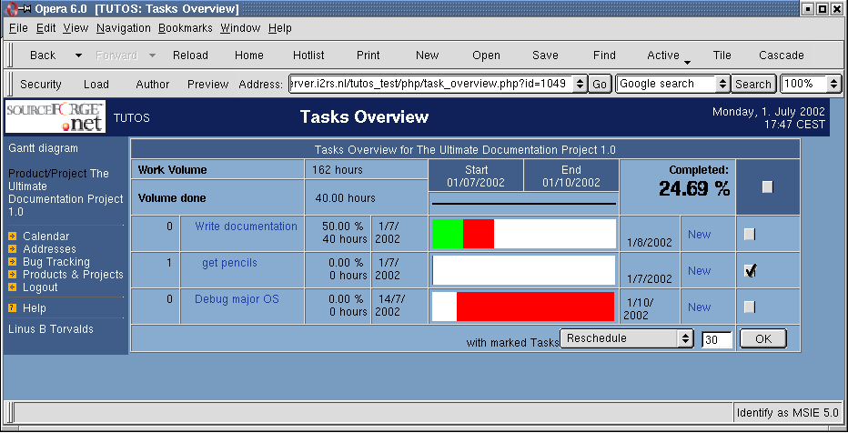 The task overview screen with some entered data
