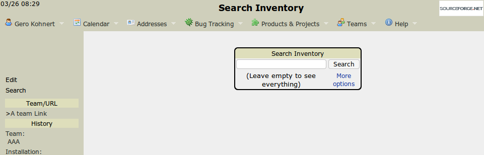 The Search form to find inventory items