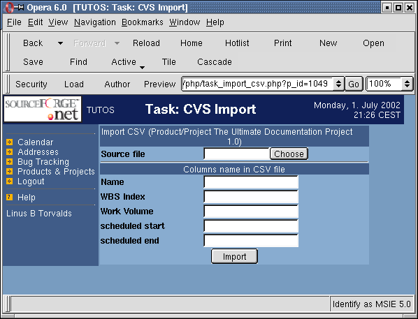 The import CSV screen
