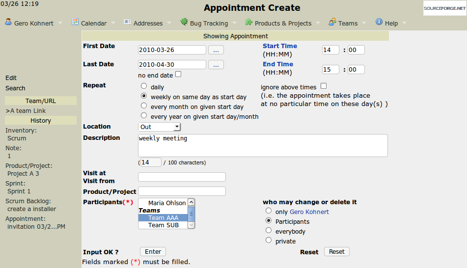 The filled-in repetitive appointment screen